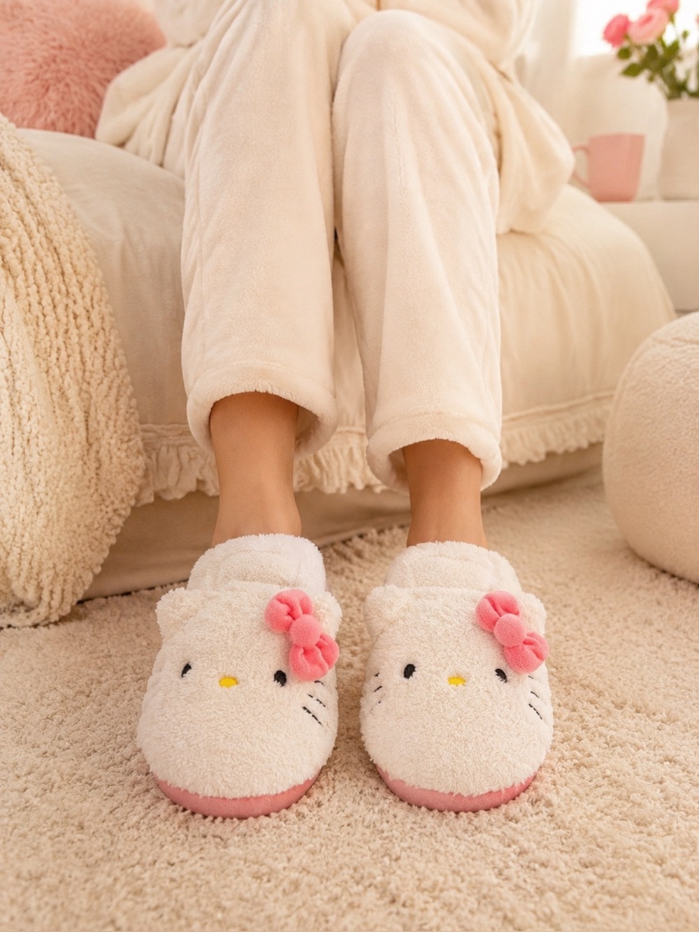 Hello Kitty White Plush Slippers with Pink Bow Accents for Women